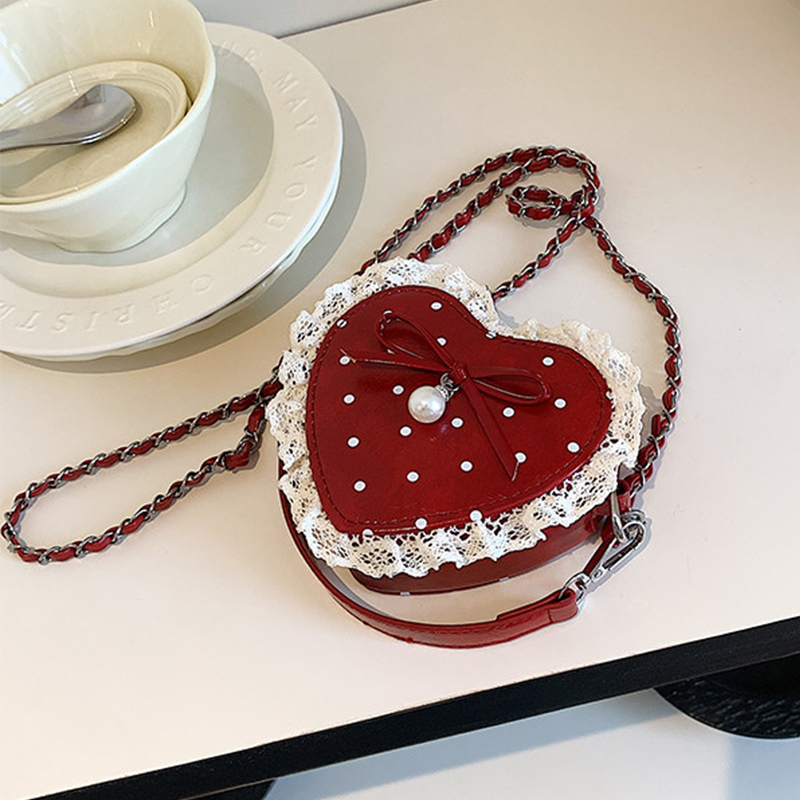 Pearl Trim Chain - Red Heart Shaped Crossbody Bag Lace