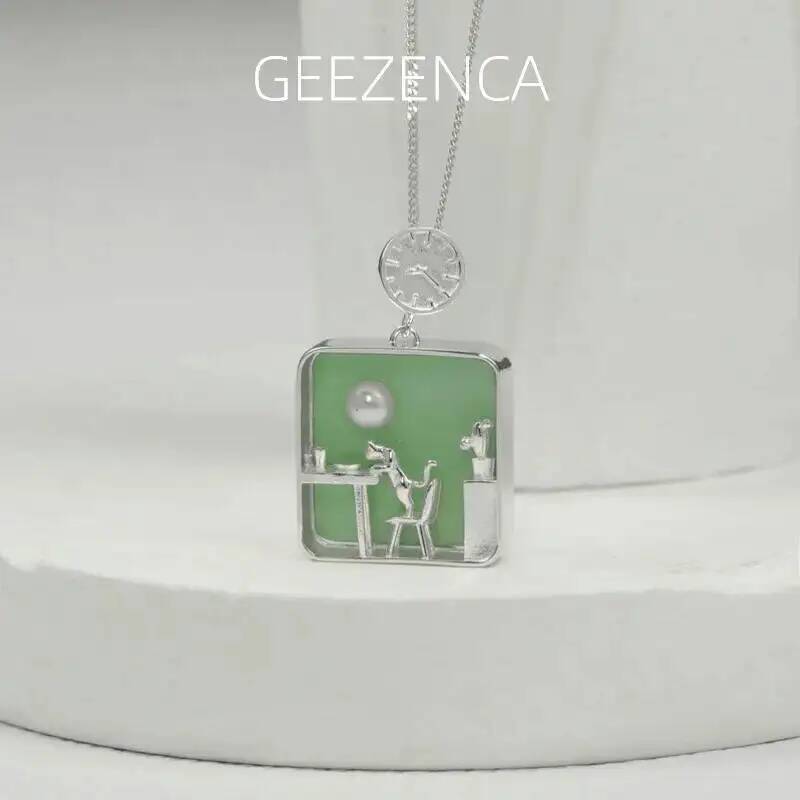 Pearl Trim Chain - GEEZENCA 925 Sterling Silver Green Black