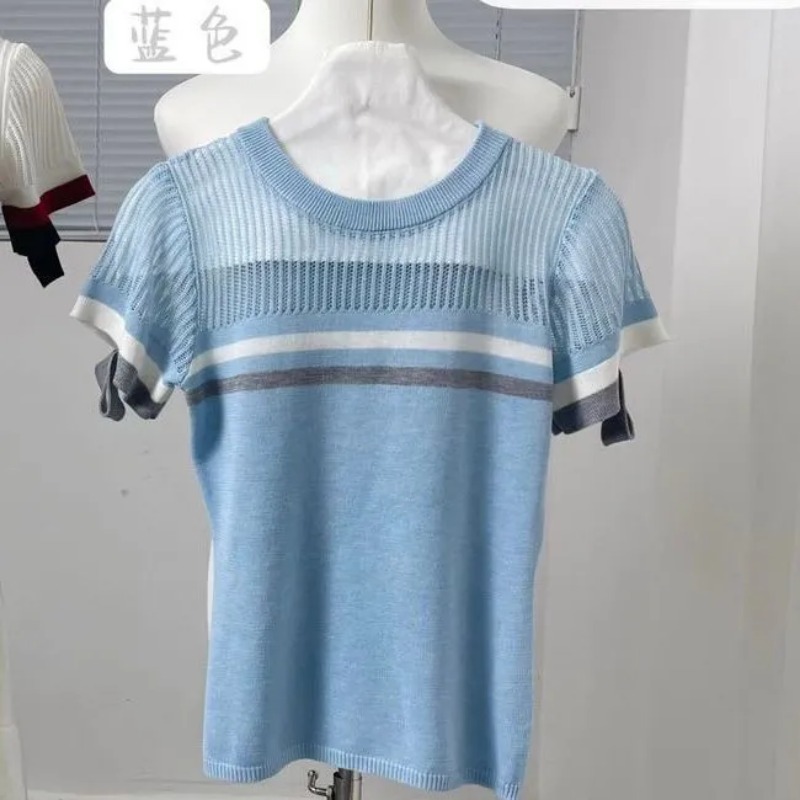 Embellish Knit - Women's Blue Knit Top Short Sleeve