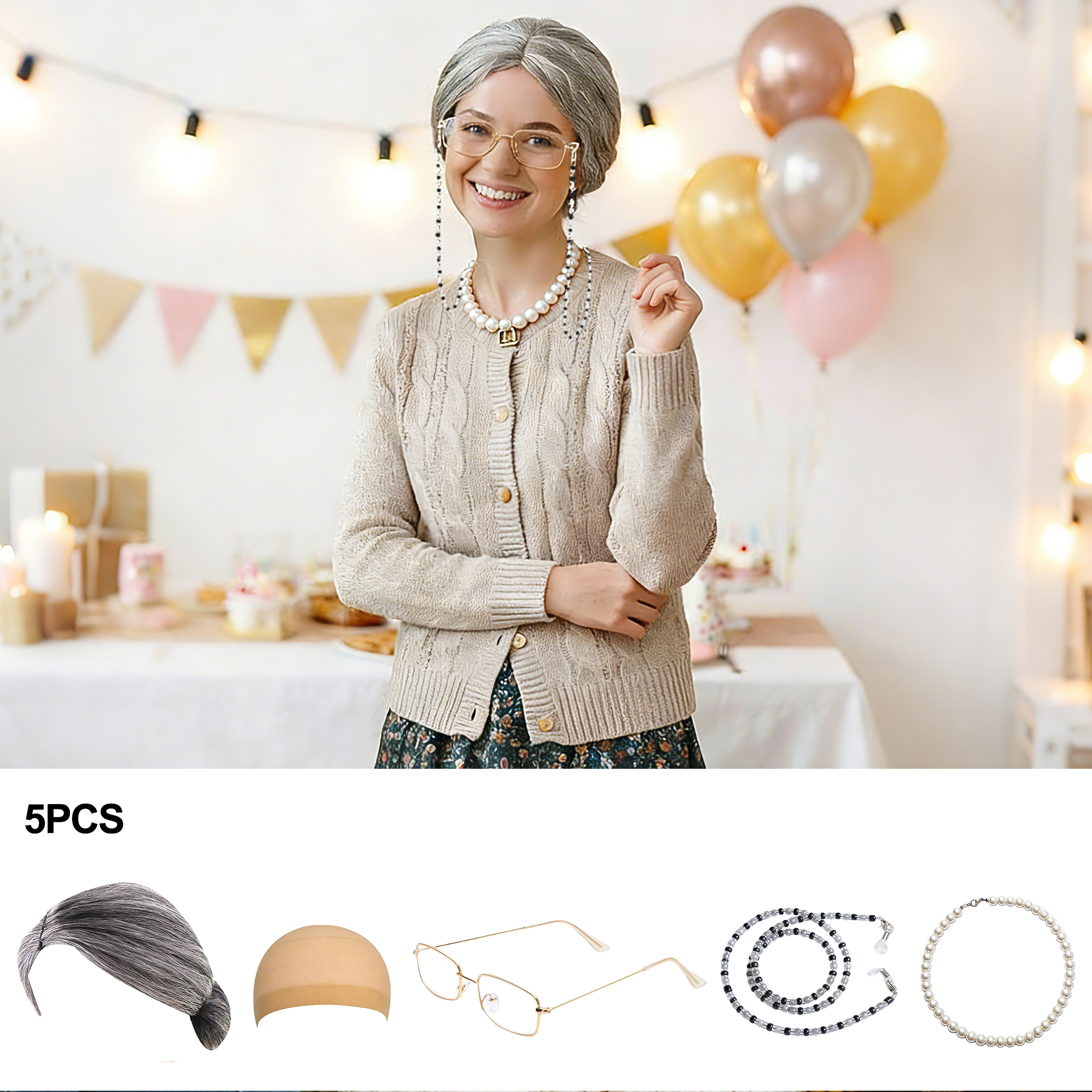 5Pcs Old Lady Costume Set Gran - Pearl Trim Chain avaliação e preço