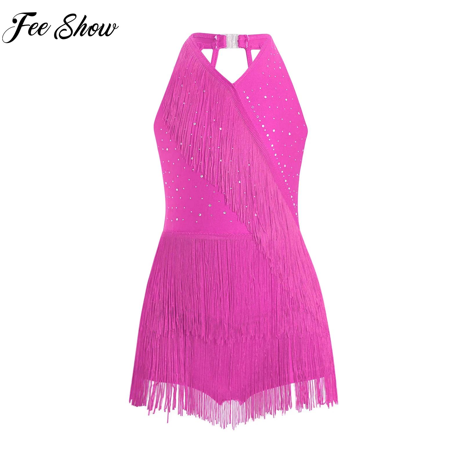 Kids Girls Shiny Tassel Leotar - Rhinestone Banding Trim avaliação e preço