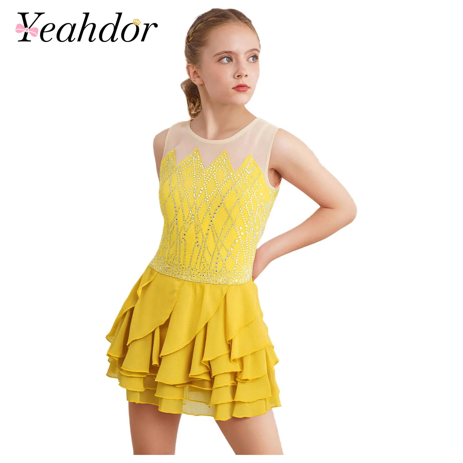 Girls Mesh Figure Skating Dres - Rhinestone Banding Trim avaliação e preço